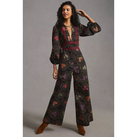 Anthropologie Farm Rio Deep-V Jumpsuit